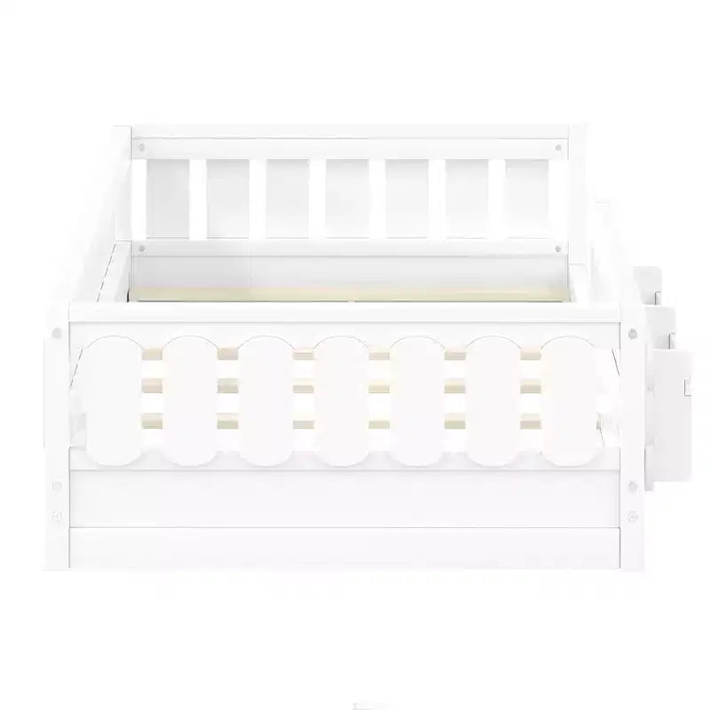 Struttura letto a piattaforma per bambini di dimensioni Twin e Full con sponda di protezione, librerie integrate e ripiani portaoggetti