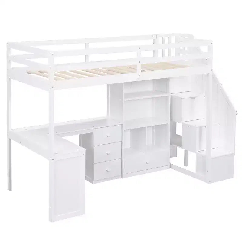 Letto a soppalco singolo con scrivania a L, 3 cassetti, armadio, contenitore per scale, struttura in pino massiccio/MDF