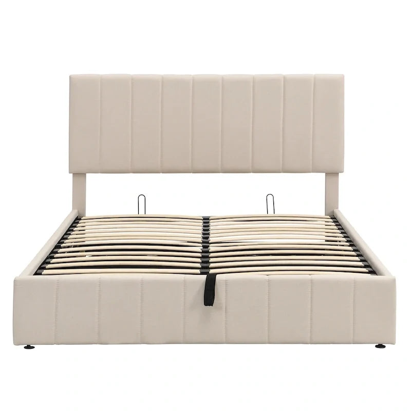 Letto imbottito Queen size con sistema di sollevamento idraulico e vano contenitore - Beige