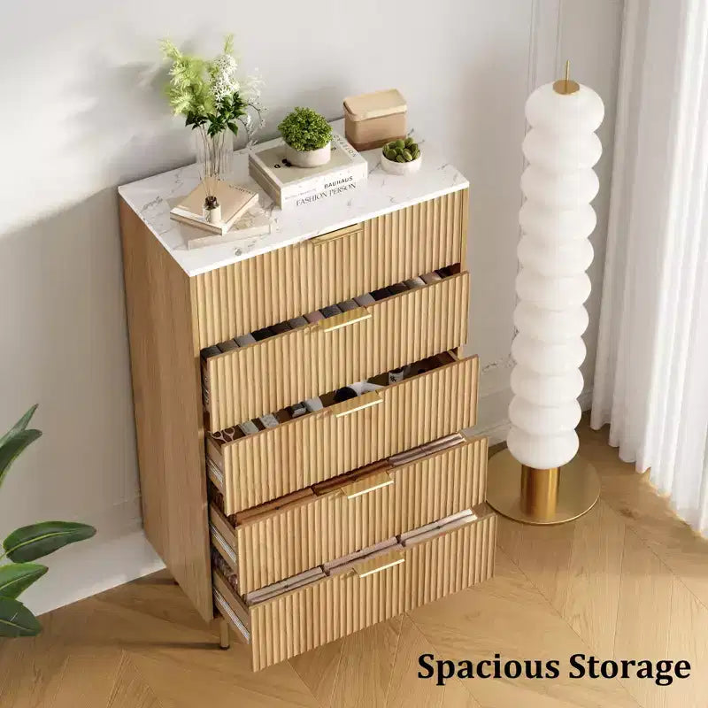 Comò a 5 cassetti bianco / marmo e legno – Pannello scanalato, per uso singolo