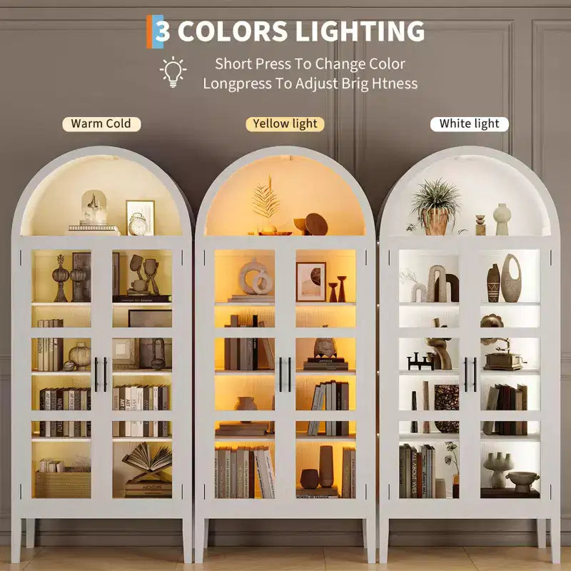 Mobile Contenitore, Nero/Bianco, Stile Arco, Singolo, Alto 71 con Luci a LED e Ante in Vetro