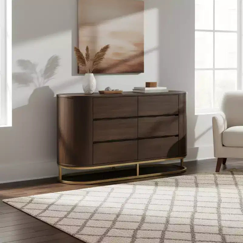 Comò moderno a 6 cassetti con design a bordo vivo, base in metallo e costruzione durevole in legno misto