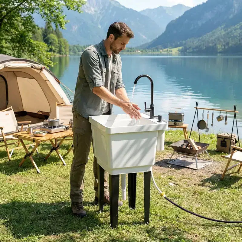 Lavatoio portatile con vasca, lavandino indipendente con rubinetto, dispenser sapone e tubi flessibili
