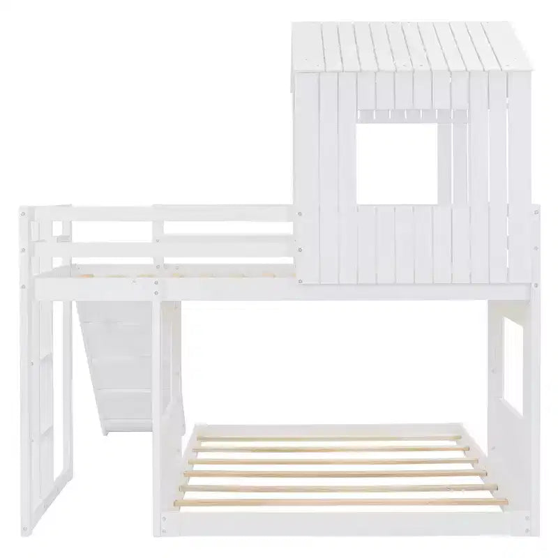 Letto a castello in legno Luxystar Twin Over Full con casetta da gioco, scivolo e sponde di protezione