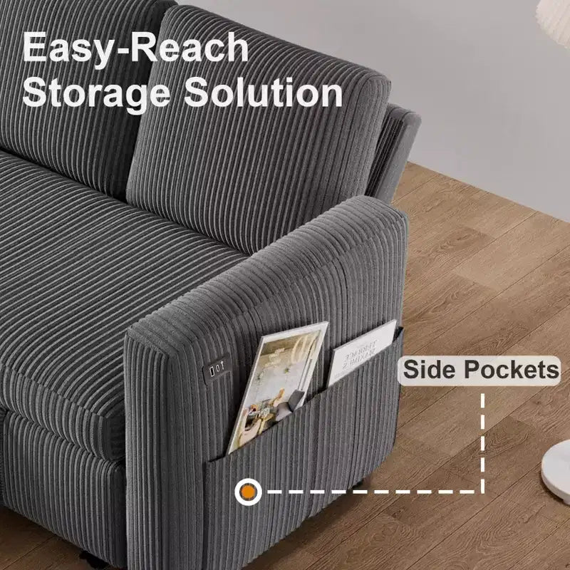 Divano Letto Estraibile 2 in 1 Dyonery con Chaise Longue Contenitore e USB, Divano Angolare in Velluto a Coste per Soggiorno