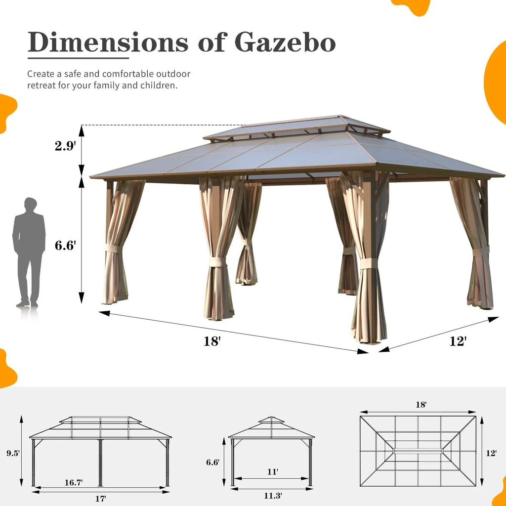 EROMMY Gazebo a tetto rigido, Pergola da esterno con doppio tetto, zanzariere e tende, Tenda da sole resistente per patio, cortile, feste in piscina