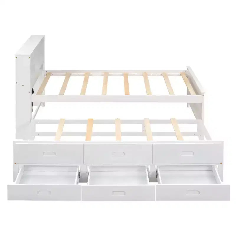 Letto a piattaforma con letto estraibile e cassetti, Letto a piattaforma contenitore con USB, Letto a piattaforma in legno con libreria