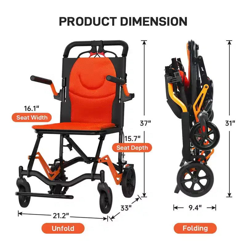 Carrozzina Pieghevole da Trasporto Ultraleggera, Supporta 100 kg, Telaio in Alluminio da 8 kg, Seduta da 41 cm, Braccioli e Poggiapiedi Rimovibili, Freno di Stazionamento