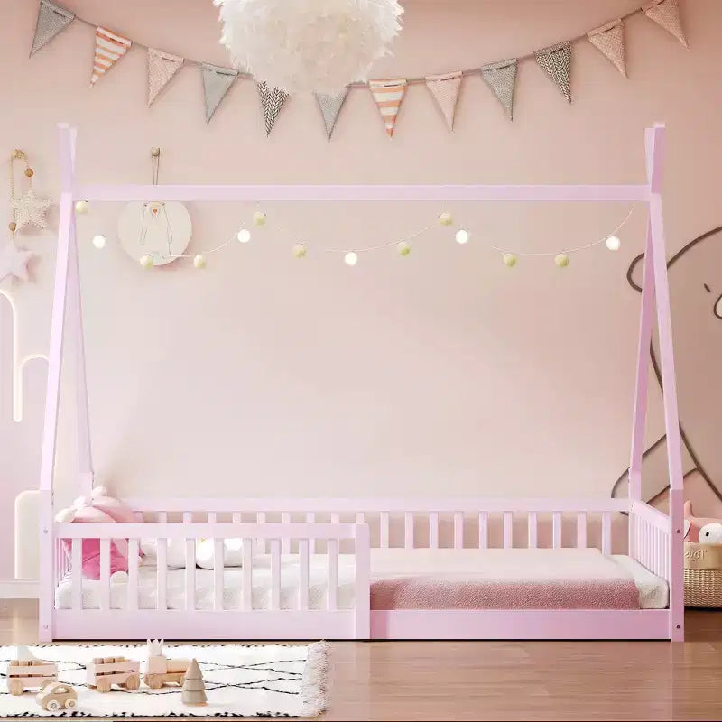 Letto a pavimento per bambini, letti a tenda a una piazza, letto a pavimento Montessori con doghe e sponde di protezione, struttura letto a casetta in legno per ragazzi e ragazze