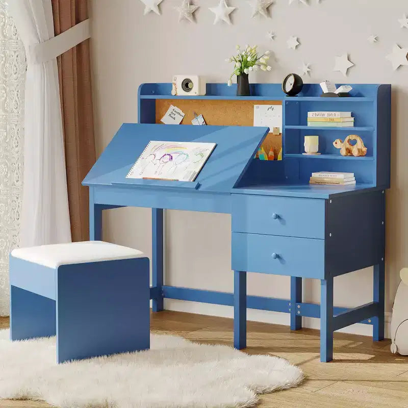 Set scrivania e sedia per bambini, tavolo da studio in legno con piano inclinabile regolabile, cassetti e bacheca in sughero - Set scrivania per lo studio dei bambini