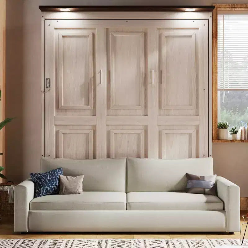 Letto a scomparsa Queen Size con divano, letto a scomparsa in legno Queen con luce LED, letto a cassapanca pieghevole con per camera degli ospiti, Beige