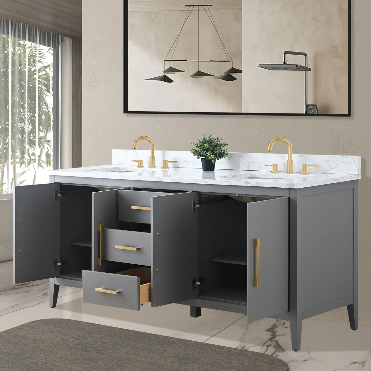 Mobile lavabo doppio Vanity Art 72 per bagno con piano in marmo composito