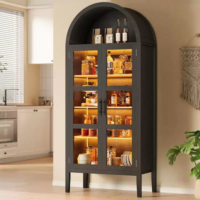 Mobile Contenitore, Nero/Bianco, Stile Arco, Singolo, Alto 71 con Luci a LED e Ante in Vetro
