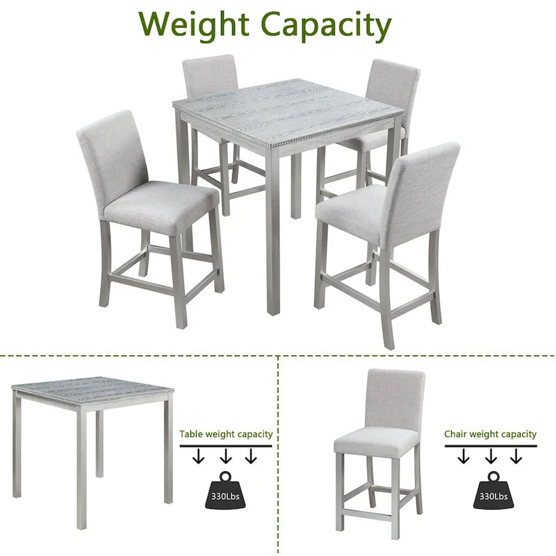 Set da pranzo moderno di 5 pezzi con tavolo quadrato ad altezza bancone e 4 sedie imbottite