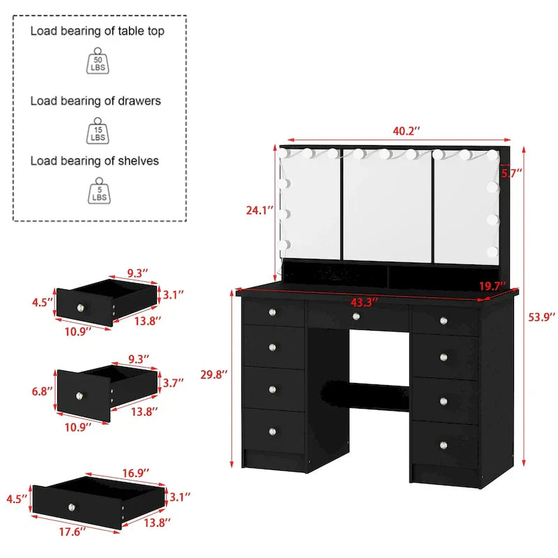 Lussuosa Toeletta da Trucco a LED con 9 Cassetti Elegante Postazione Trucco