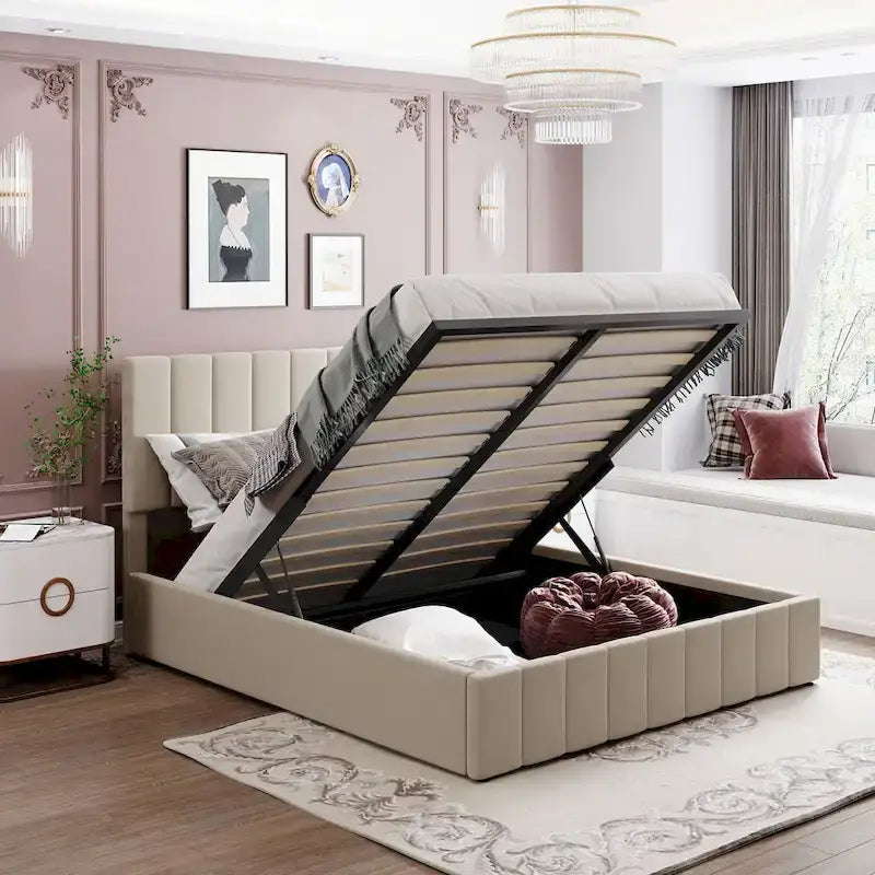 Letto imbottito Queen size con sistema di sollevamento idraulico e vano contenitore - Beige