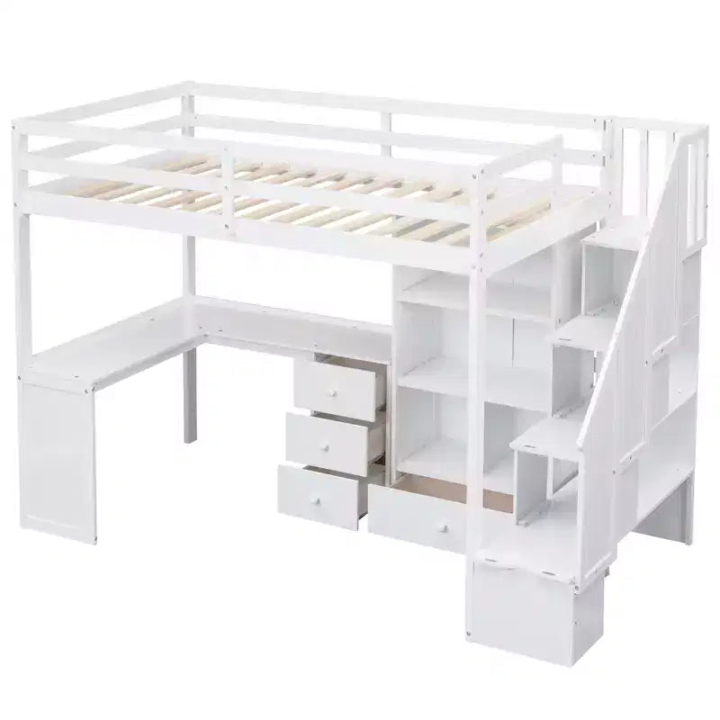 Letto a soppalco singolo con scrivania a L, 3 cassetti, armadio, contenitore per scale, struttura in pino massiccio/MDF