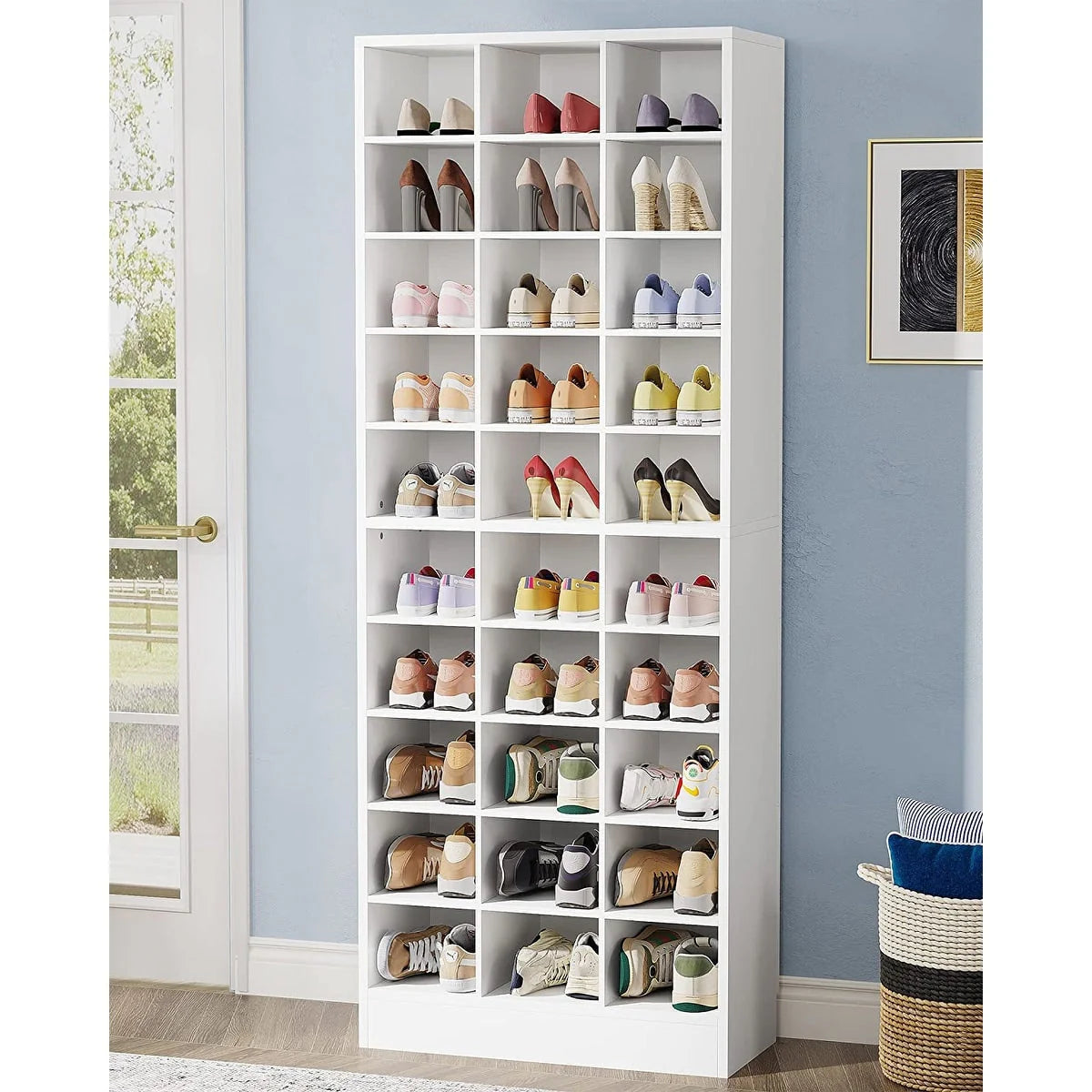 Meuble à chaussures haut 30 paires, étagère de rangement à chaussures en bois blanc 10 niveaux pour placard, entrée - 10 niveaux