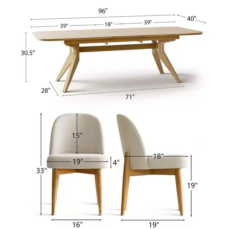 Set da pranzo da 7 pezzi, tavolo allungabile 78-96 con base a cavalletto e sedie imbottite con gambe in legno massello-Panipeachy