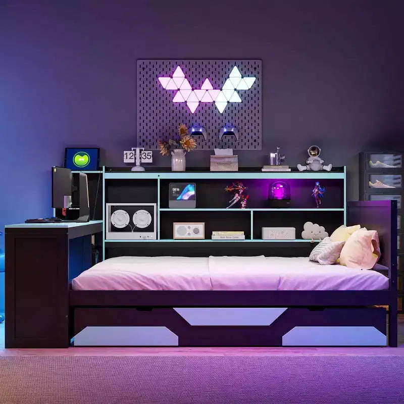 Daybed da gioco completo/queen size con testiera libreria, luci LED, scrivania integrata, cassetti e stazione di ricarica