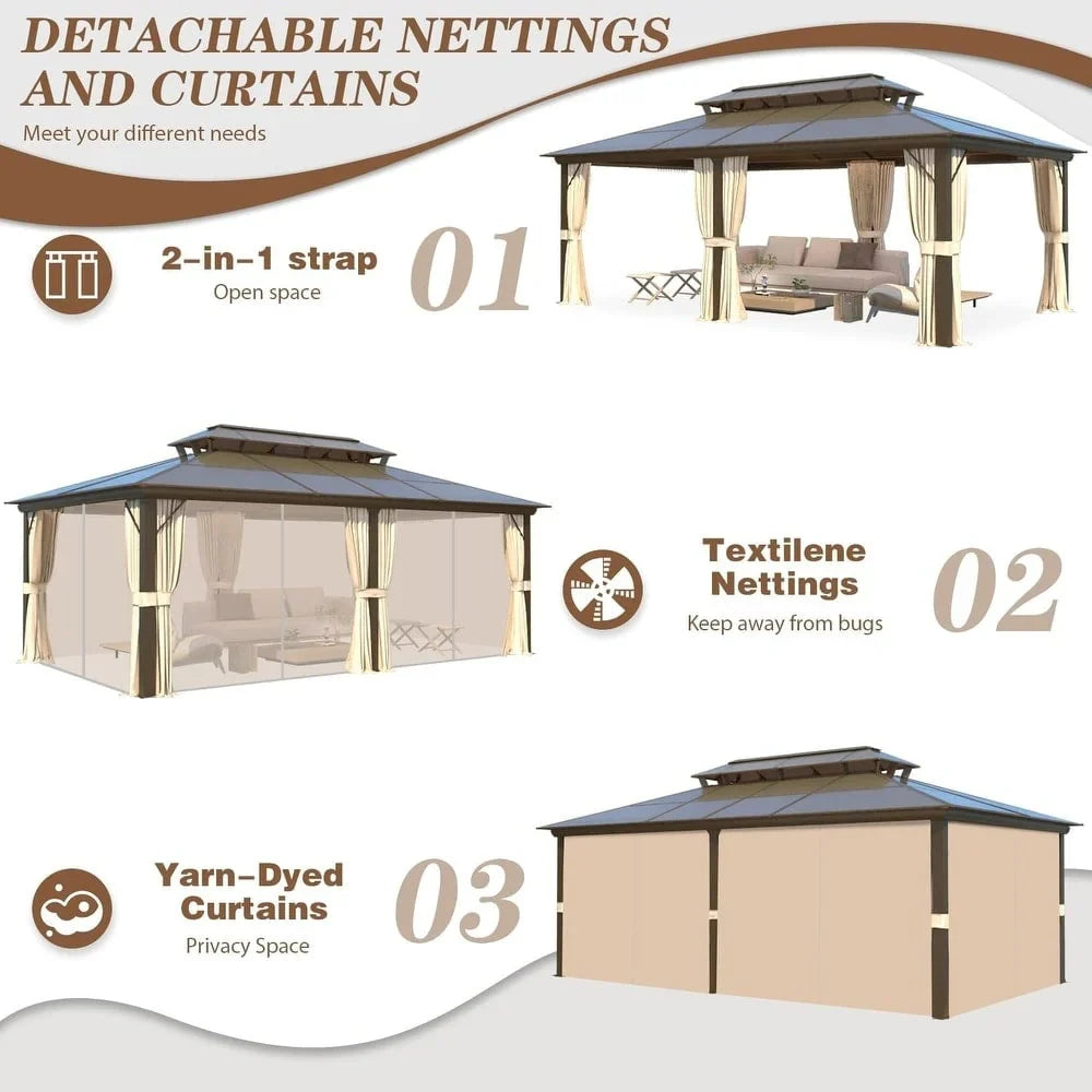 EROMMY Gazebo a tetto rigido, Pergola da esterno con doppio tetto, zanzariere e tende, Tenda da sole resistente per patio, cortile, feste in piscina