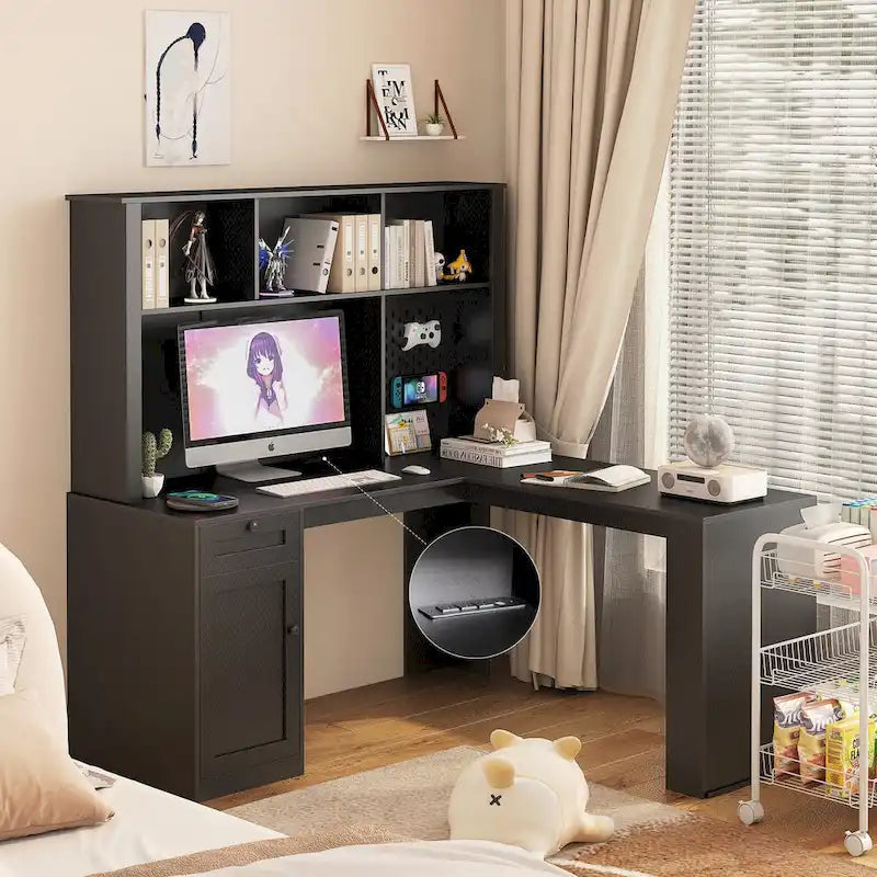 Scrivania a L con presa di corrente, scrivania per computer con cassetti, libreria e mobiletto, scrivania angolare moderna, scrivania per ufficio domestico