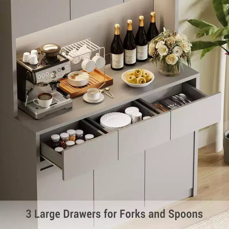 Mobile dispensa da cucina da 71 pollici, mobile dispensa con luci a LED e prese di corrente, mobile buffet con supporto per microonde, ripiani regolabili