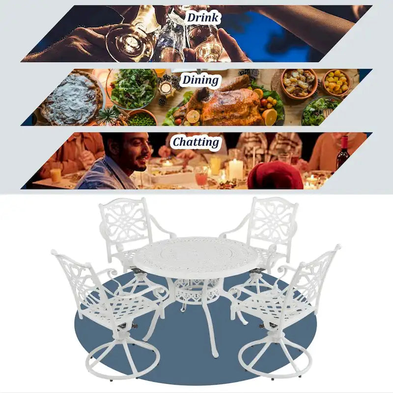 Set da pranzo da esterni in alluminio pressofuso da 5 pezzi con 4 sedie girevoli