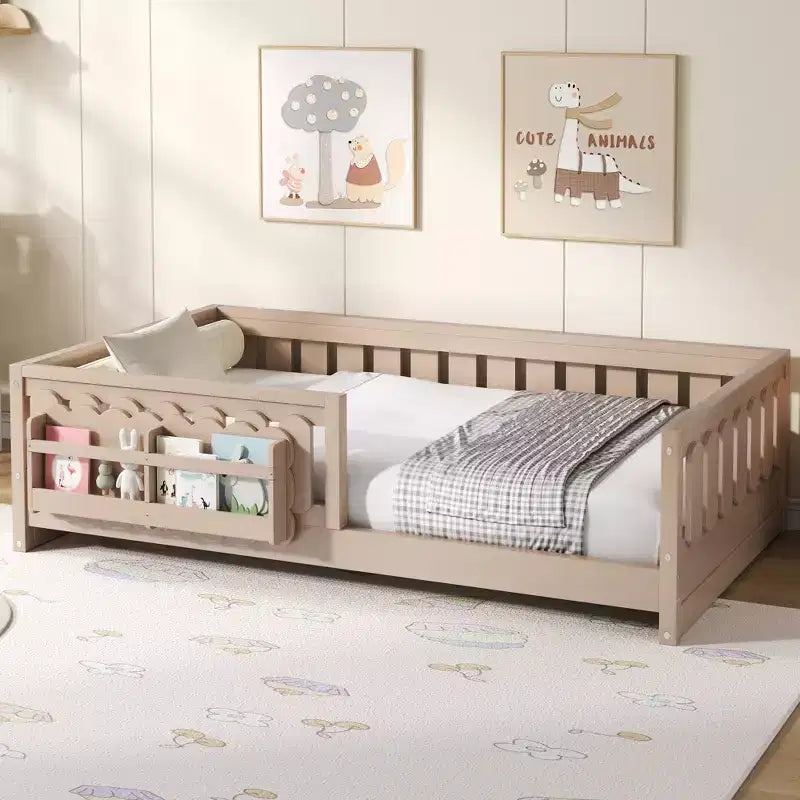 Struttura letto a piattaforma per bambini di dimensioni Twin e Full con sponda di protezione, librerie integrate e ripiani portaoggetti