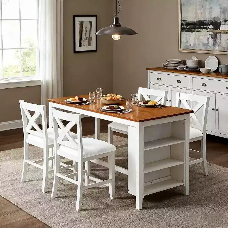 Set da pranzo Homy Casa 5 pezzi, tavolo e sedie altezza bancone con mensole, bianco e noce, stile moderno rustico