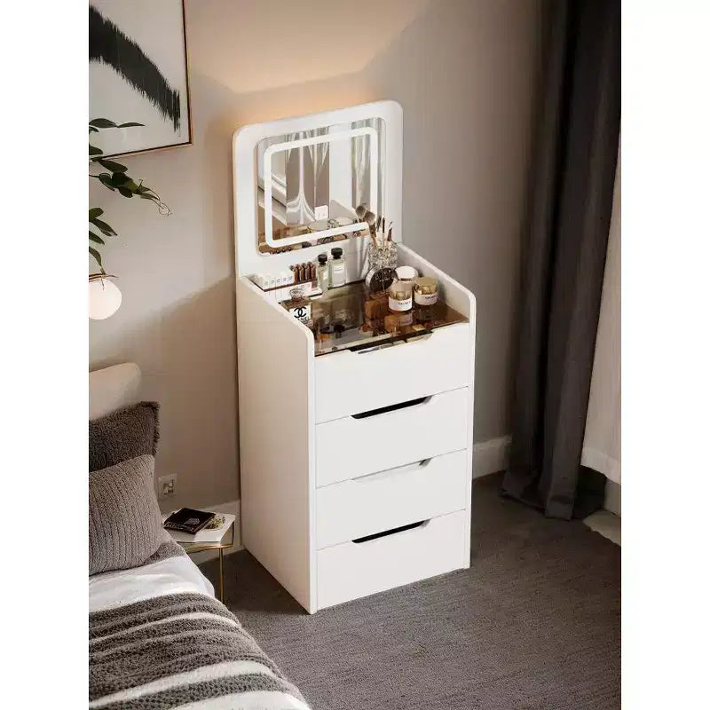 Okak Tavolo da toeletta 3 in 1 con specchio a scomparsa, toeletta compatta con piano in vetro a vista e sgabello imbottito, scrivania da toeletta per camera da letto