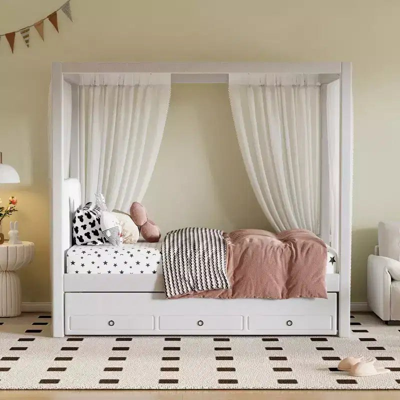 Letto a baldacchino a piattaforma imbottito in lino, matrimoniale, con letto estraibile e tre cassetti portaoggetti