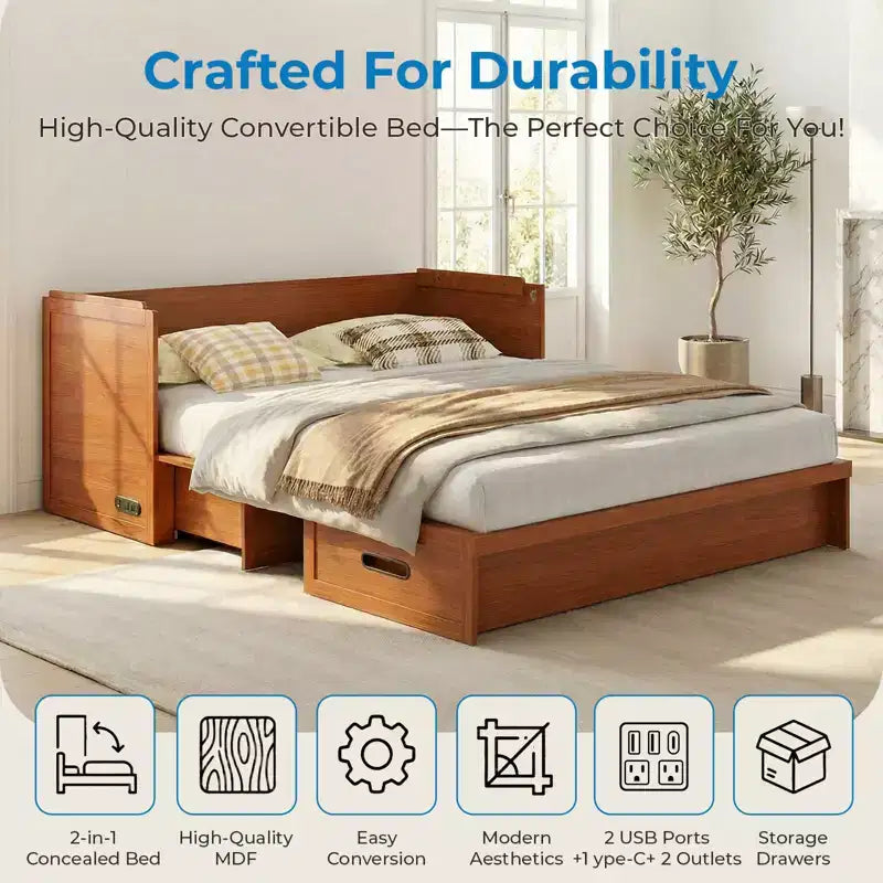 Mjkone Letto a Scomparsa Convertibile Matrimoniale Queen Size con Ricarica USB, Cassetti Contenitori, Materasso Escluso