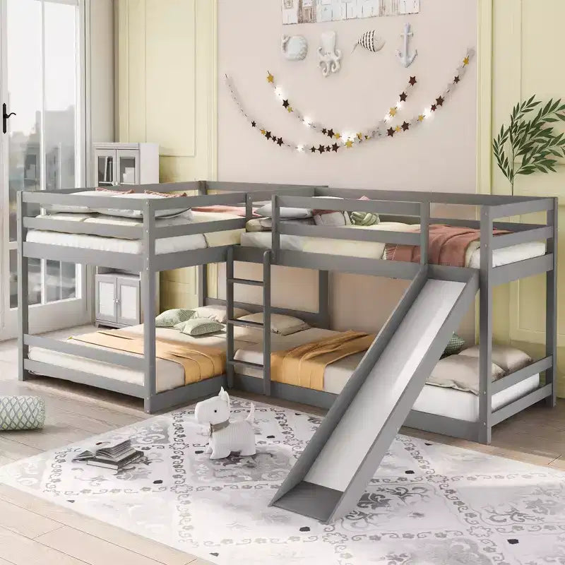 Letto a castello a L per 4 bambini, letto a castello quadruplo con scivolo, struttura in legno full e twin per cameretta dormitorio