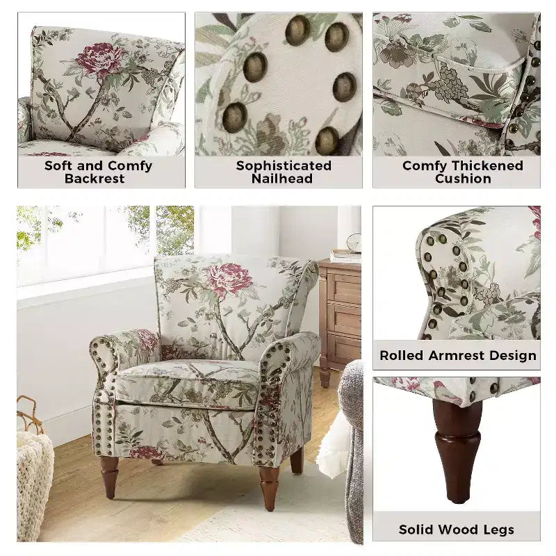 Poltrona Araceli Tradizionale in Legno Imbottita Floreale con Schienale Alto e Borchie | ART OF LIVING DESIGNS