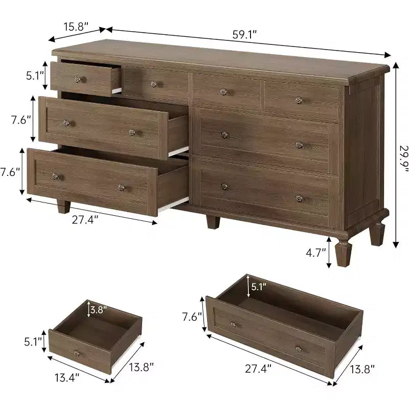 Comò a 8 cassetti per camera da letto, mobile TV vintage da 150 cm con maniglie intagliate e gambe affusolate, cassettiera in legno con grande capacità di archiviazione