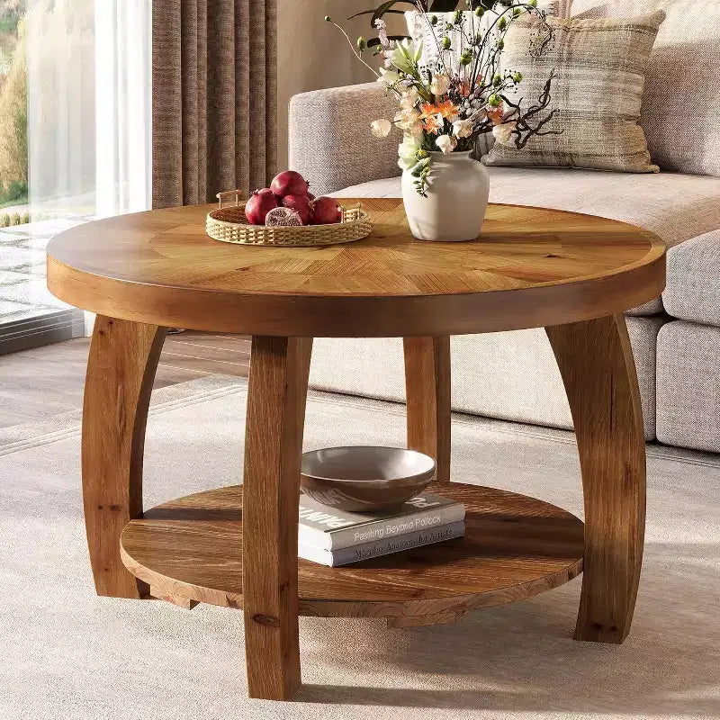 Lantine Tavolino rotondo in legno massello, tavolino a 2 ripiani con portaoggetti, piano da 80 cm con motivo a mosaico, facile da montare, per soggiorno, marrone