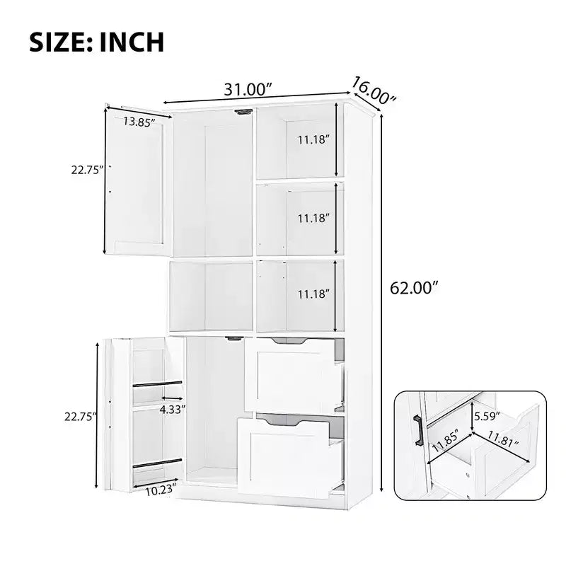 Mobiletto da bagno alto 157 cm, mobiletto indipendente da terra con cassetto e ripiano regolabile, mobiletto per dispensa per bagno e soggiorno
