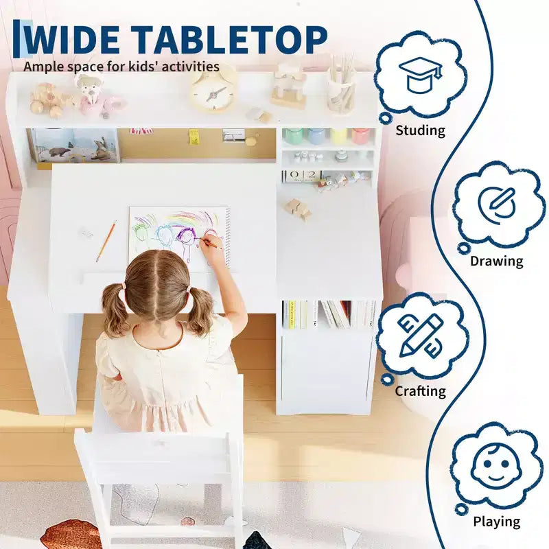 Set scrivania e sedia per bambini con contenitore, scrivania per bambini con libreria e inclinabile, per 3-8 anni, tavolo da scrittura per studenti per la cameretta