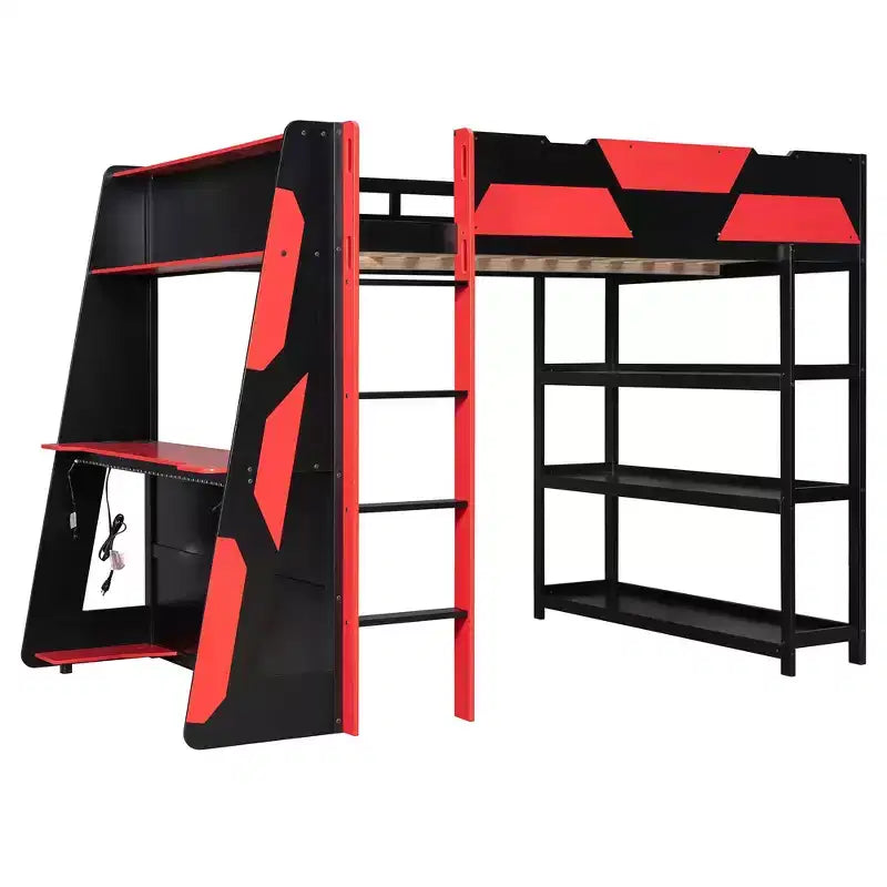 Lit mezzanine gaming complet Luxystar avec bureau, étagères de rangement et lumières