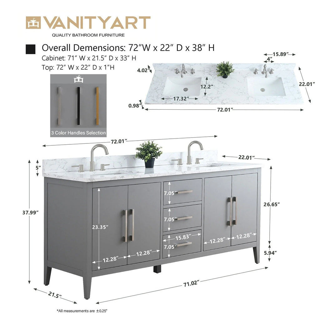 Mobile lavabo doppio Vanity Art 72 per bagno con piano in marmo composito