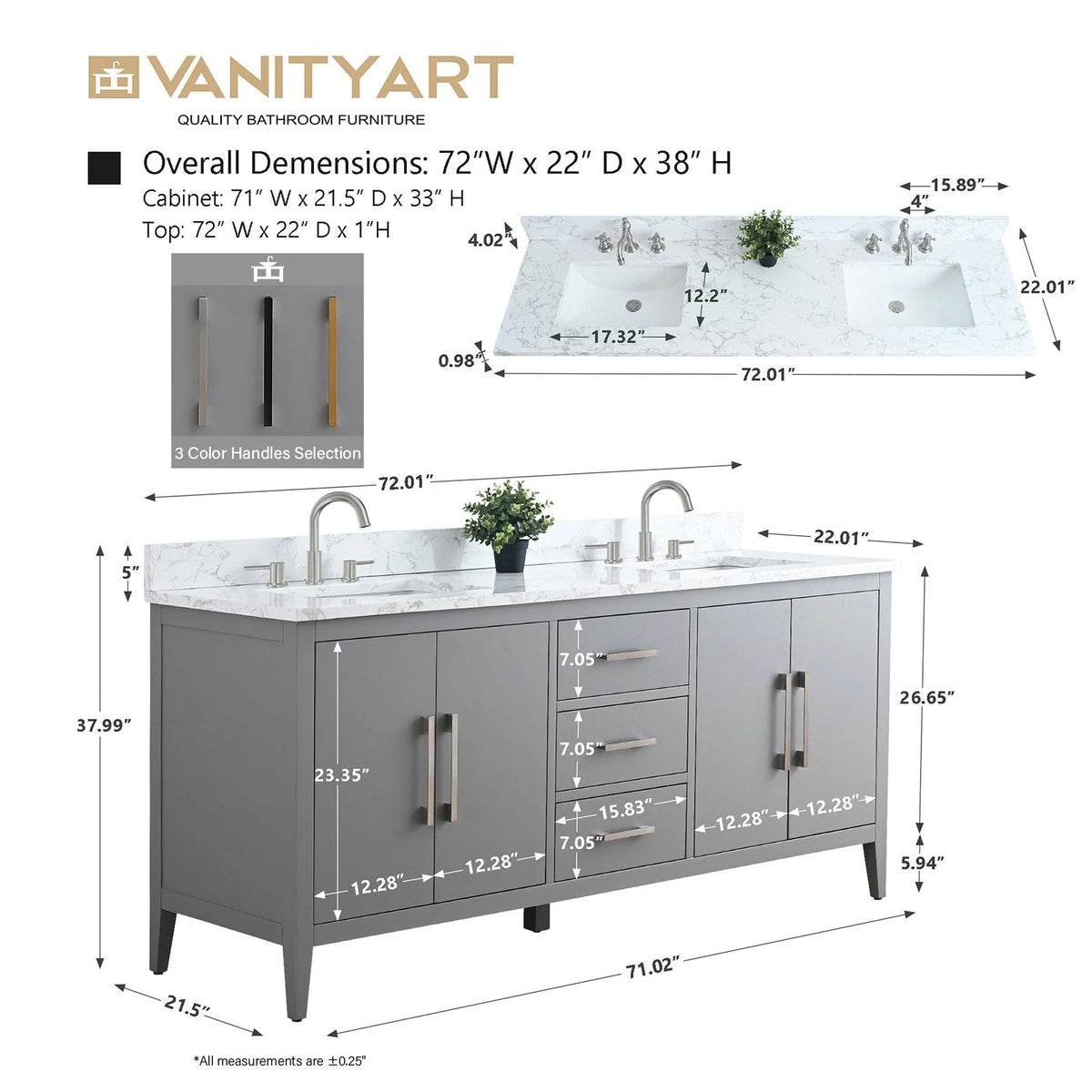 Mobile lavabo doppio Vanity Art 72 per bagno con piano in marmo composito