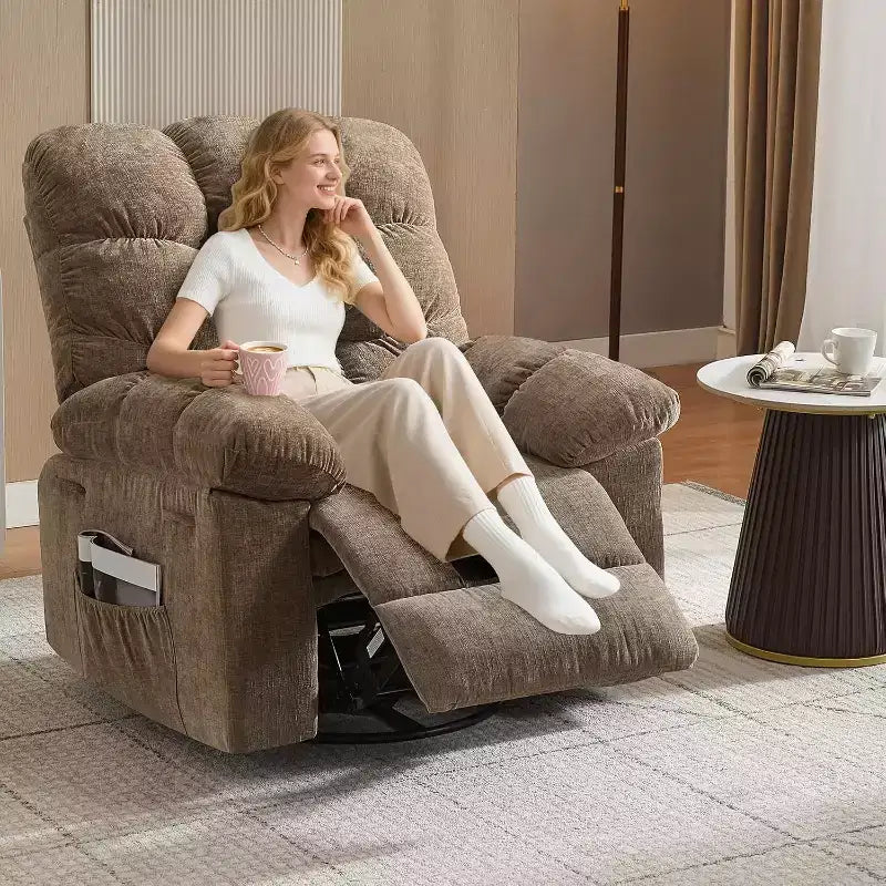 Poltrona Reclinabile Massaggiante con Calore - Girevole a 360°, Dondolo, Divano Singolo Oversize con Vibrazione, USB e Tasche Contenitore per Soggiorno/Camera da Letto