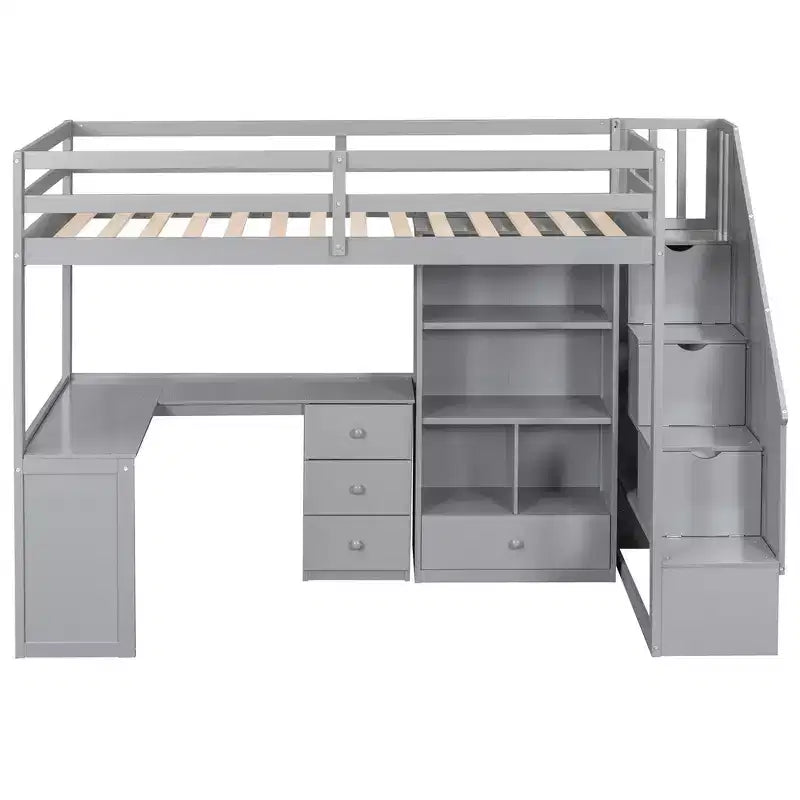 Letto a soppalco singolo con scrivania a L, 3 cassetti, armadio, contenitore per scale, struttura in pino massiccio/MDF