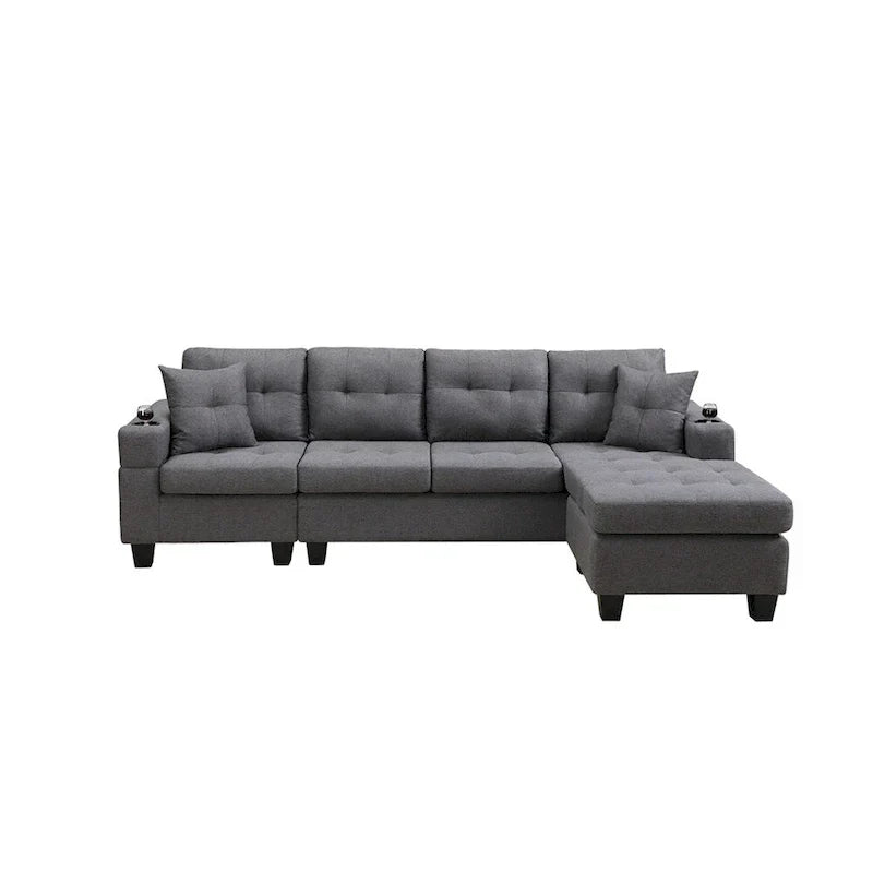 Divano componibile da soggiorno con chaise longue a L e portabicchieri