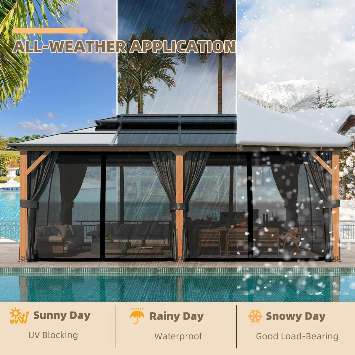 EROMMY Gazebo a tetto rigido, Pergola da esterno con doppio tetto, zanzariere e tende, Tenda da sole resistente per patio, cortile, feste in piscina