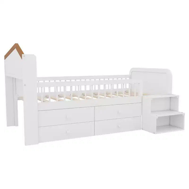 Letto a soppalco basso Whisen con luci a LED, testiera a forma di casetta e cassetti portaoggetti, struttura solida