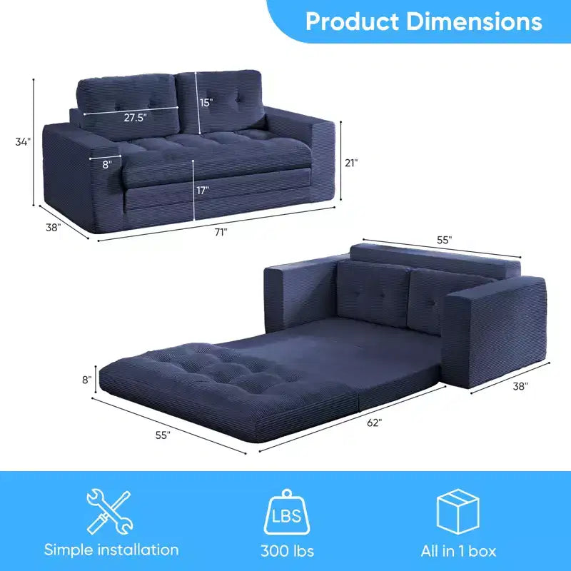 Mjkone Divano letto futon convertibile 2 in 1 da 180 cm, in tessuto a coste, pieghevole, con bottoni trapuntati, divanetto salvaspazio