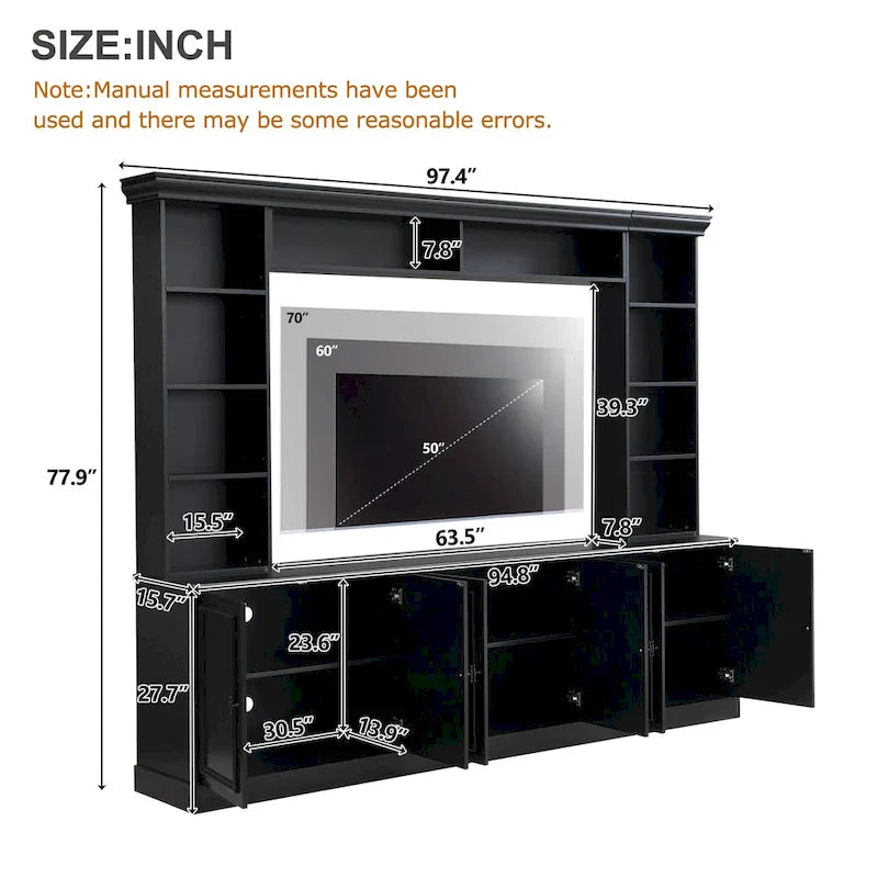 Set da parete per centro di intrattenimento a 4 pezzi con ponte per TV fino a 70 pollici, mobile TV con ripiani regolabili, console multimediale grande