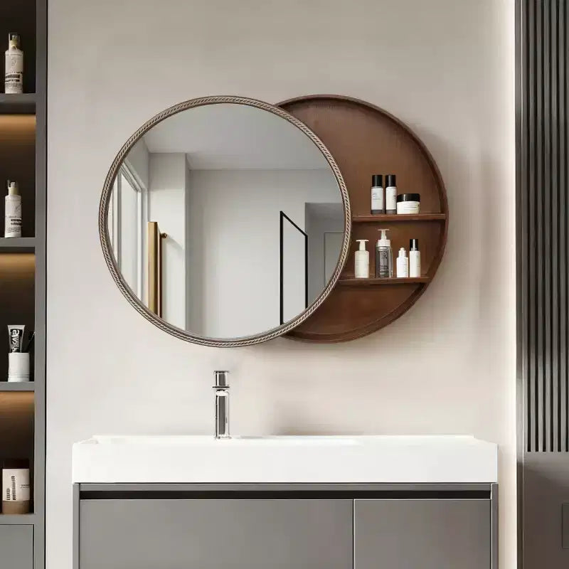 23.6 Specchio rotondo moderno scorrevole con contenitore, Specchio da trucco salvaspazio per bagno, Specchio decorativo per soggiorno